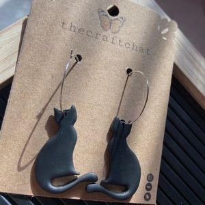 Polymer clay black cat hoop earrings